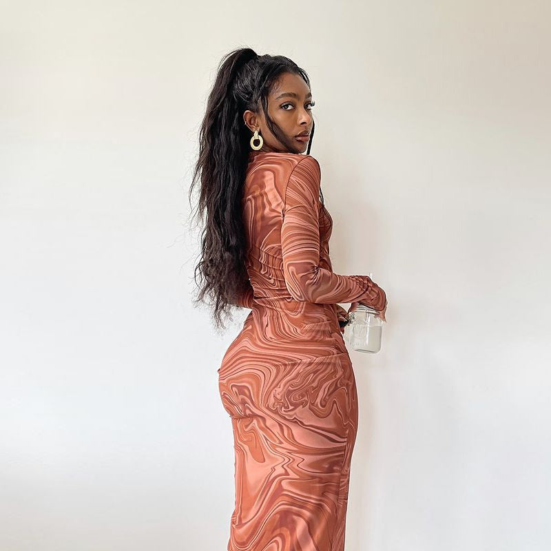 An eye-catching bodycon dress, designed to capture attention with its striking style and form-fitting silhouette.