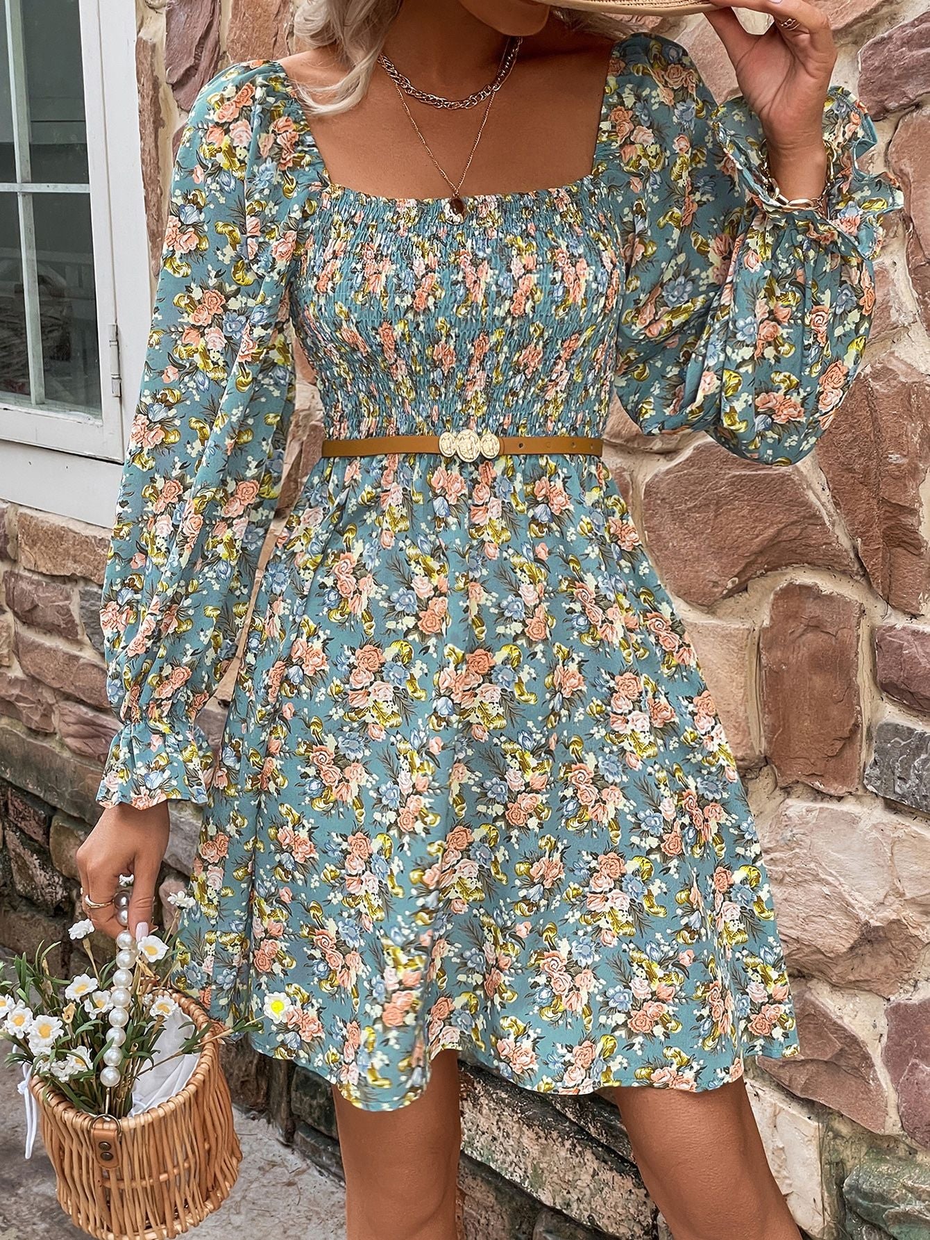 Square Neck Floral Dress: A charming dress with a square-shaped neckline adorned with floral patterns, offering a delightful and stylish look.