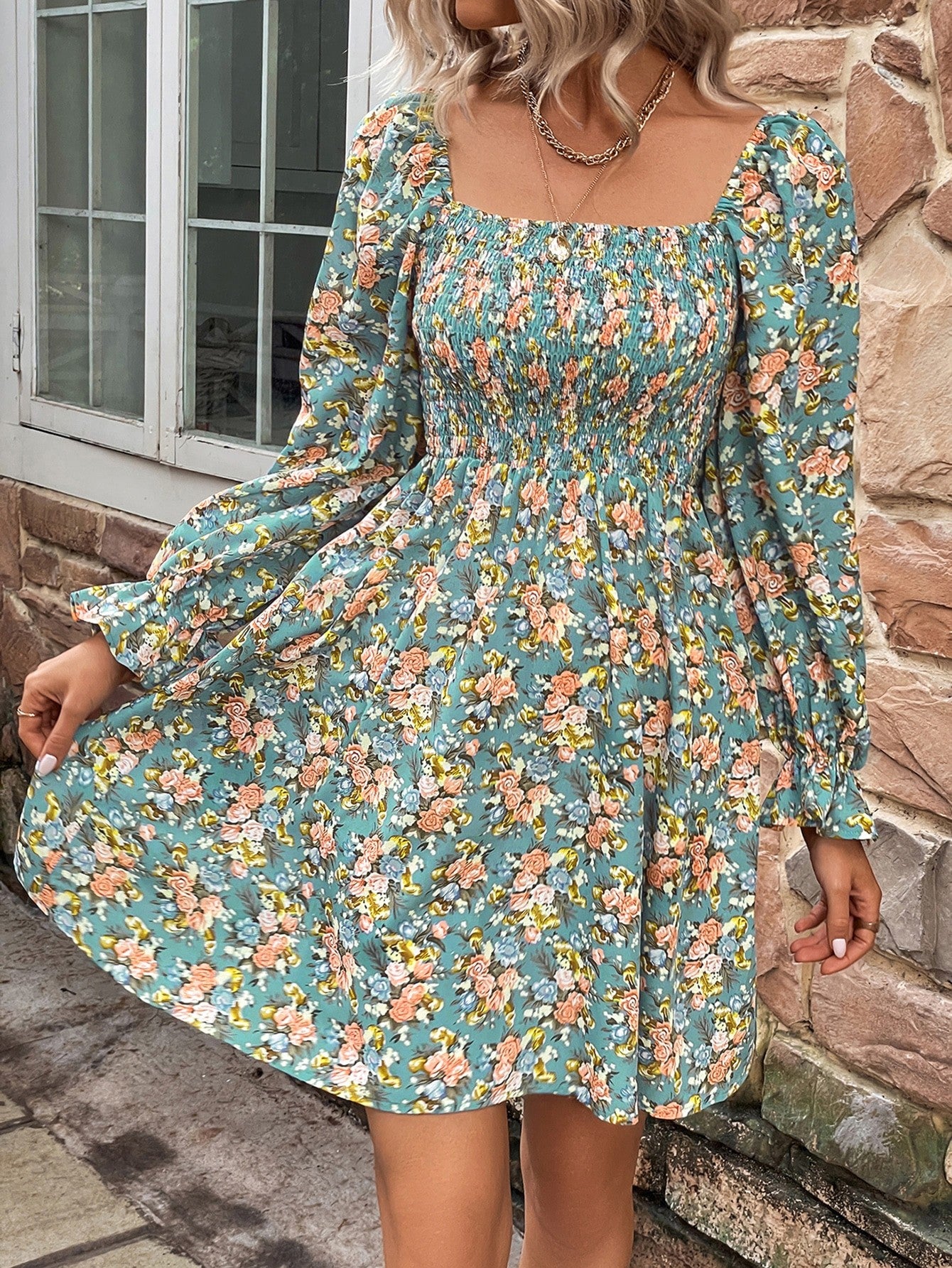 Square Neck Floral Dress: A charming dress with a square-shaped neckline adorned with floral patterns, offering a delightful and stylish look.