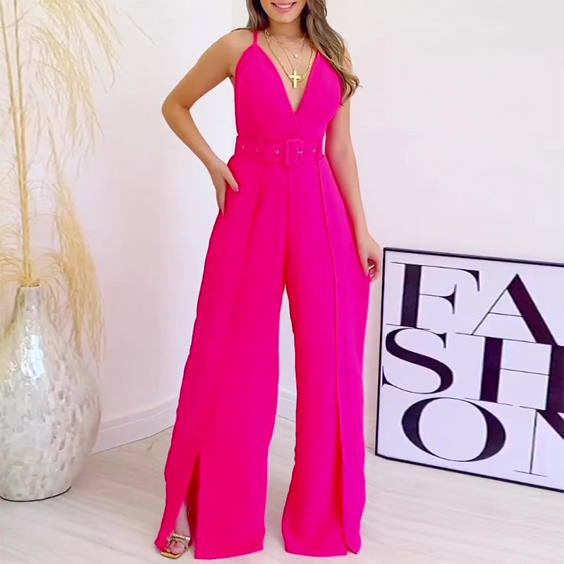 An elegant V-neck jumpsuit, designed to provide a sophisticated and stylish look with its V-shaped neckline and one-piece design.