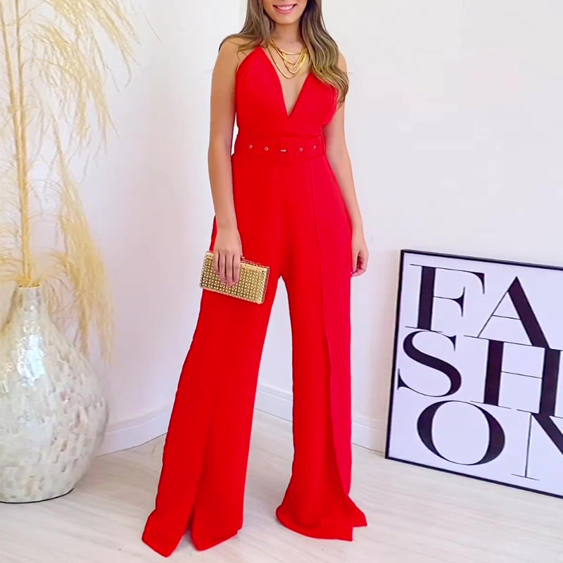 An elegant V-neck jumpsuit, designed to provide a sophisticated and stylish look with its V-shaped neckline and one-piece design.