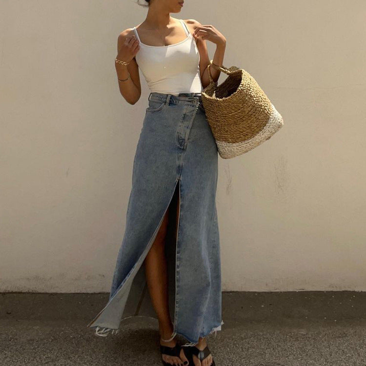 Upgrade your style with our classic denim skirt, a versatile and stylish addition to your wardrobe.