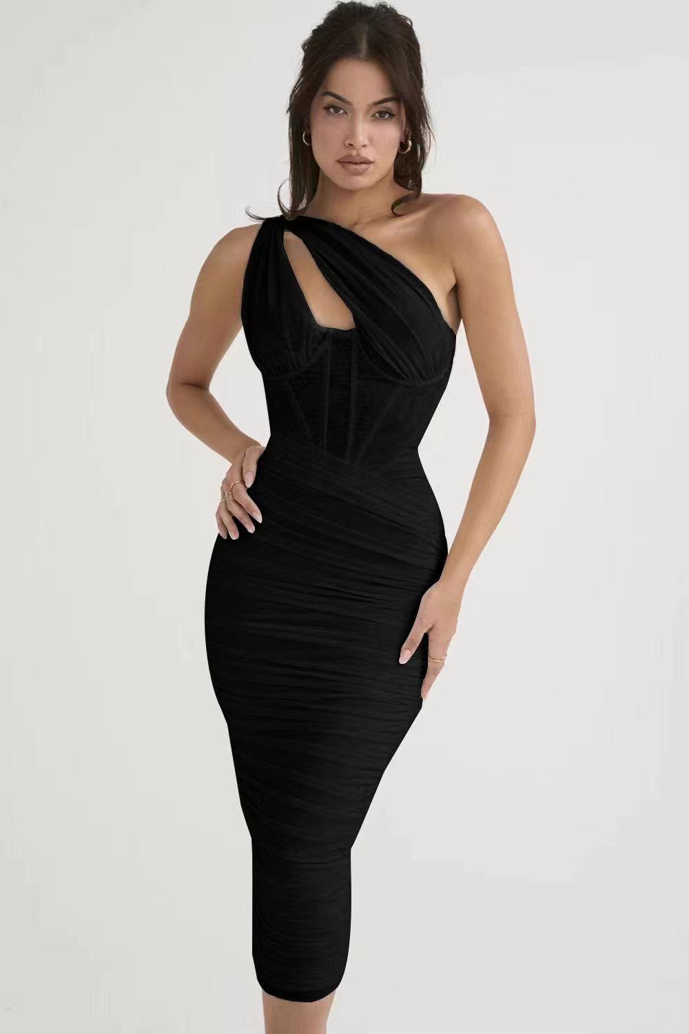 Fishbone Hollow Long Dress' describing a dress with a unique fishbone-inspired pattern and a long, flowing silhouette, offering a distinctive and elegant style.