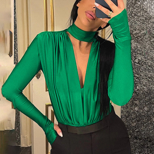 A flattering V-neck bodysuit, featuring a neckline that forms a V-shape to enhance your figure and style.