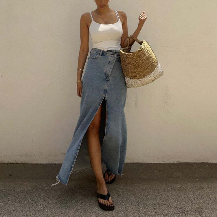 Upgrade your style with our classic denim skirt, a versatile and stylish addition to your wardrobe.