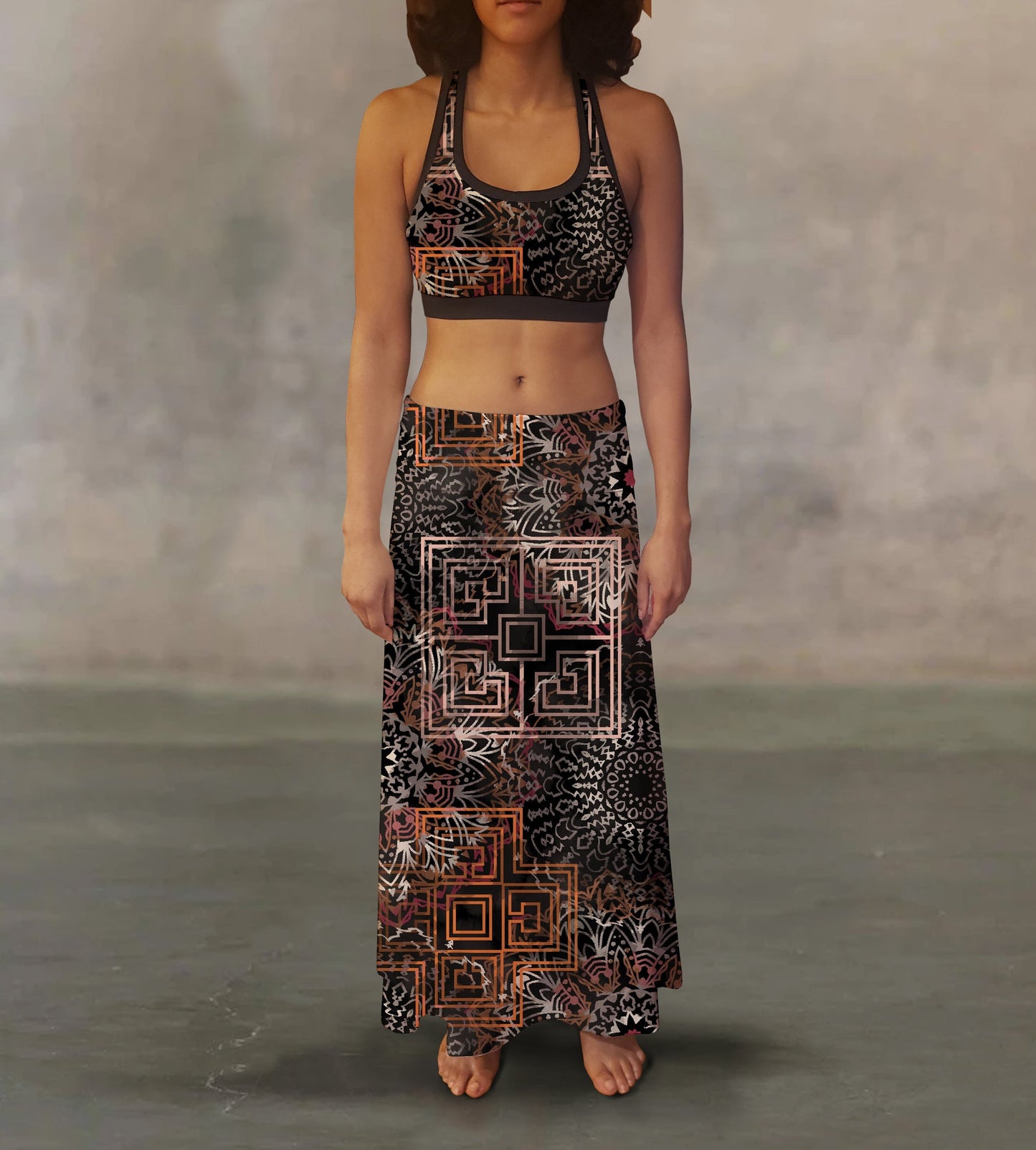 Flowing maxi skirt adorned with delicate snowflake patterns, evoking the serenity of a winter wonderland.