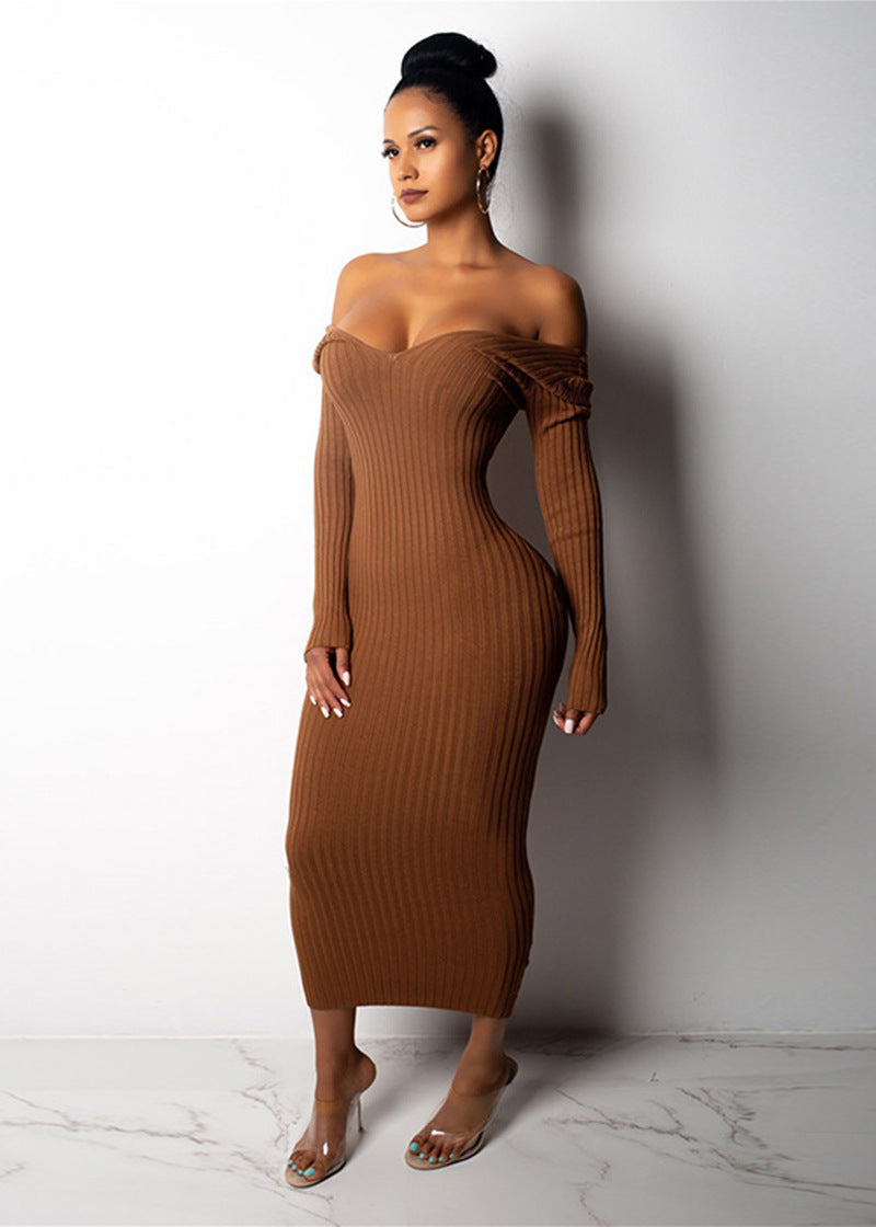 A stylish knit dress, offering both fashion and comfort with its knitted fabric and trendy design.