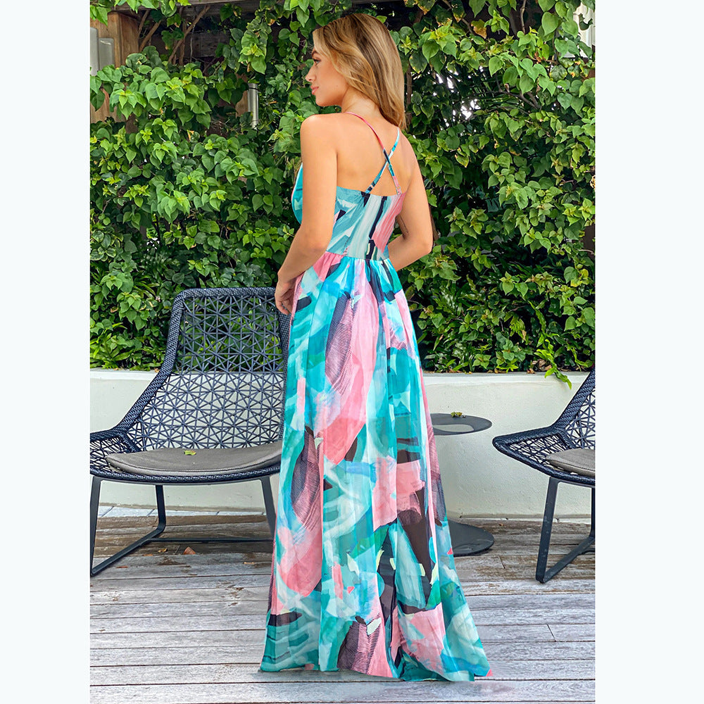 A bohemian-style maxi dress, characterized by its free-spirited and eclectic design, often featuring vibrant colors, intricate patterns, and a long, flowing silhouette.