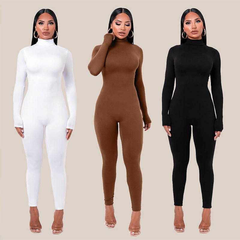 A jumpsuit made from compression fabric, designed for a snug and supportive fit, often worn for athletic or active purposes.