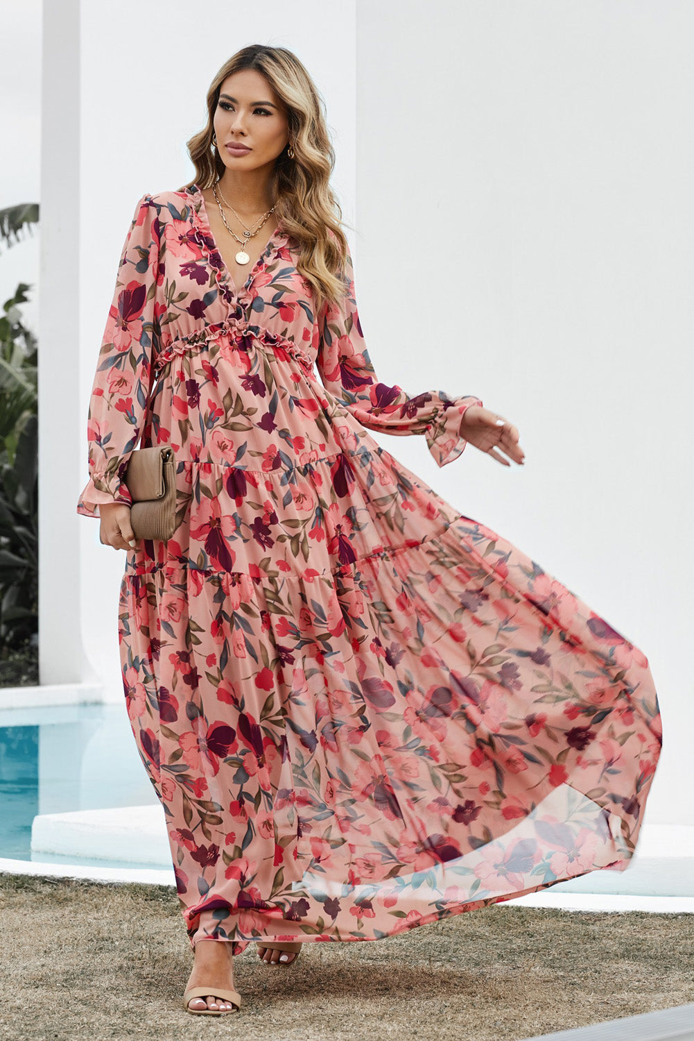 Sleeve Plunge Maxi: A maxi dress featuring a plunging neckline and sleeves, offering an alluring and elegant look.