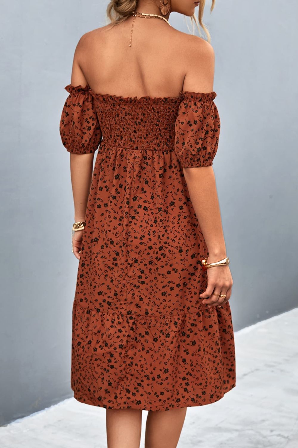 Smocked Off-Shoulder Dress: A stylish dress featuring a smocked bodice and an off-shoulder neckline for a trendy and feminine look.