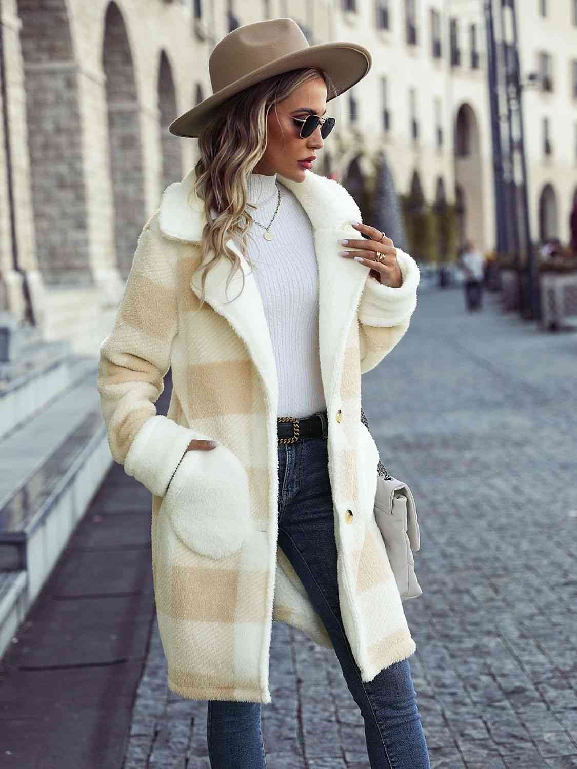 A plaid button coat, showcasing a timeless and fashionable pattern, secured with buttons for a stylish and warm winter look.