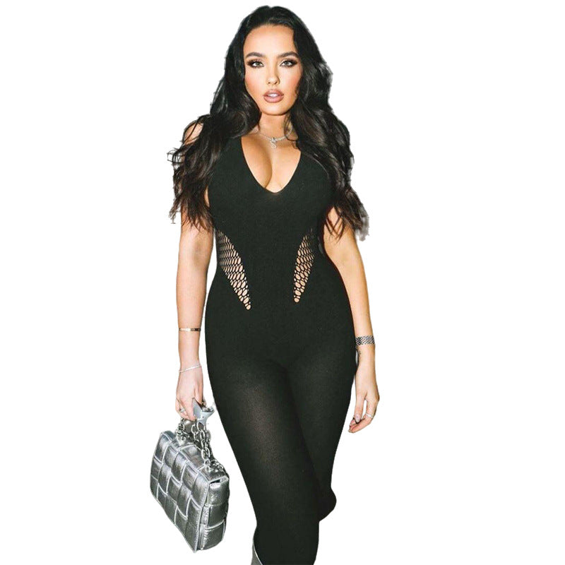 A streetwear tight jumpsuit, inspired by urban fashion and known for its form-fitting design, offering a trendy and stylish look.