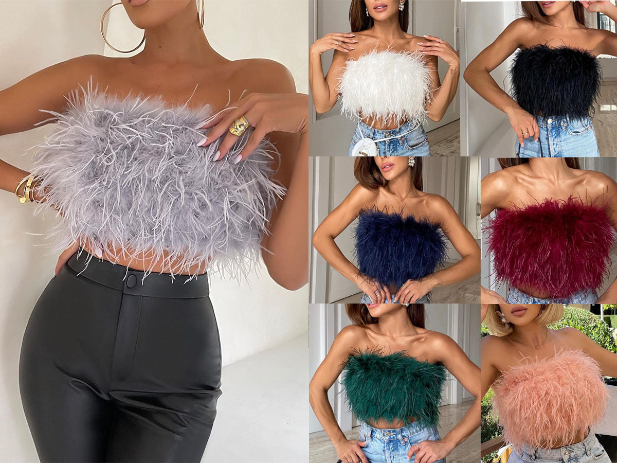 Furry Strapless Top: A stylish and textured top featuring a soft and furry fabric and a strapless neckline for a chic and trendy look.Furry Strapless Top: A stylish and textured top featuring a soft and furry fabric and a strapless neckline for a chic and trendy look.
