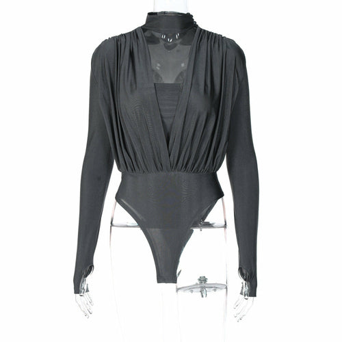 A flattering V-neck bodysuit, featuring a neckline that forms a V-shape to enhance your figure and style.