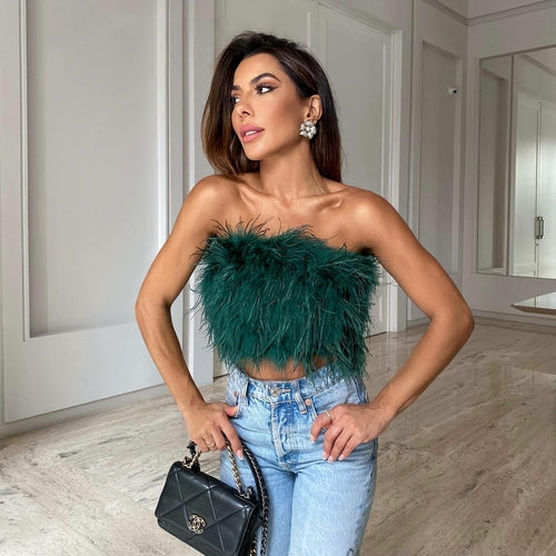 Furry Strapless Top: A stylish and textured top featuring a soft and furry fabric and a strapless neckline for a chic and trendy look.