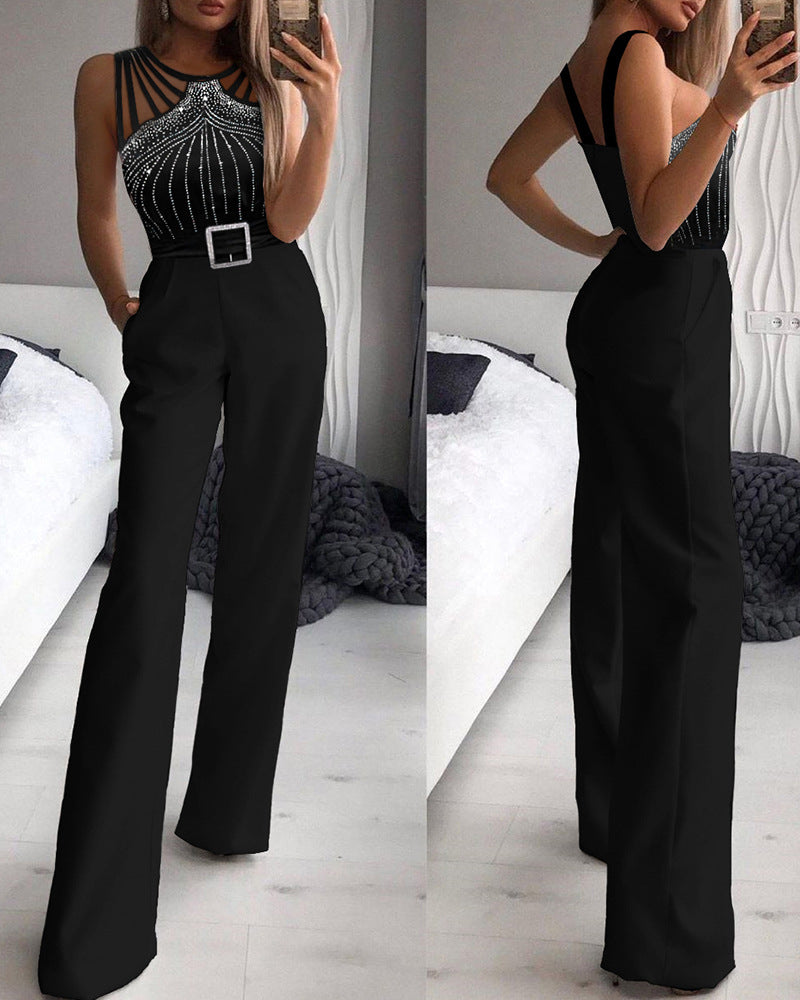 A sexy studded jumpsuit, designed to be alluring and stylish with decorative studs or embellishments for added flair.