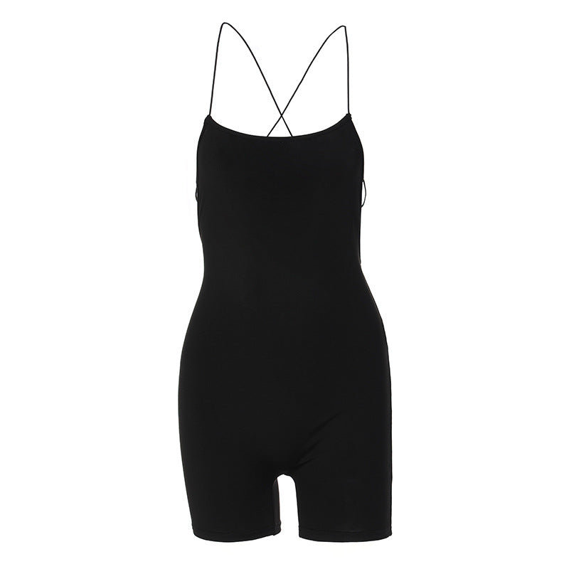 A backless-style jumpsuit, characterized by its design that exposes the back for an alluring and trendy appearance.
