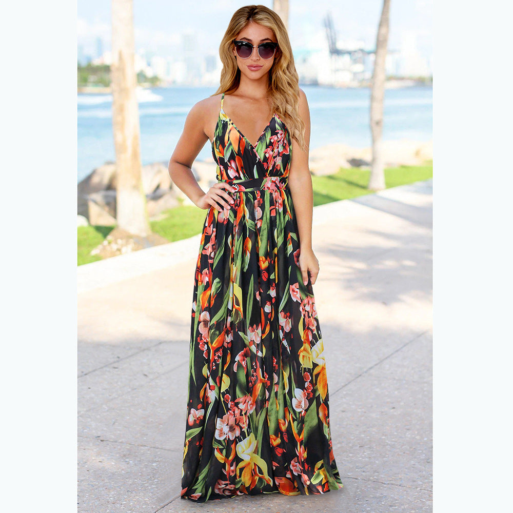 A bohemian-style maxi dress, characterized by its free-spirited and eclectic design, often featuring vibrant colors, intricate patterns, and a long, flowing silhouette.