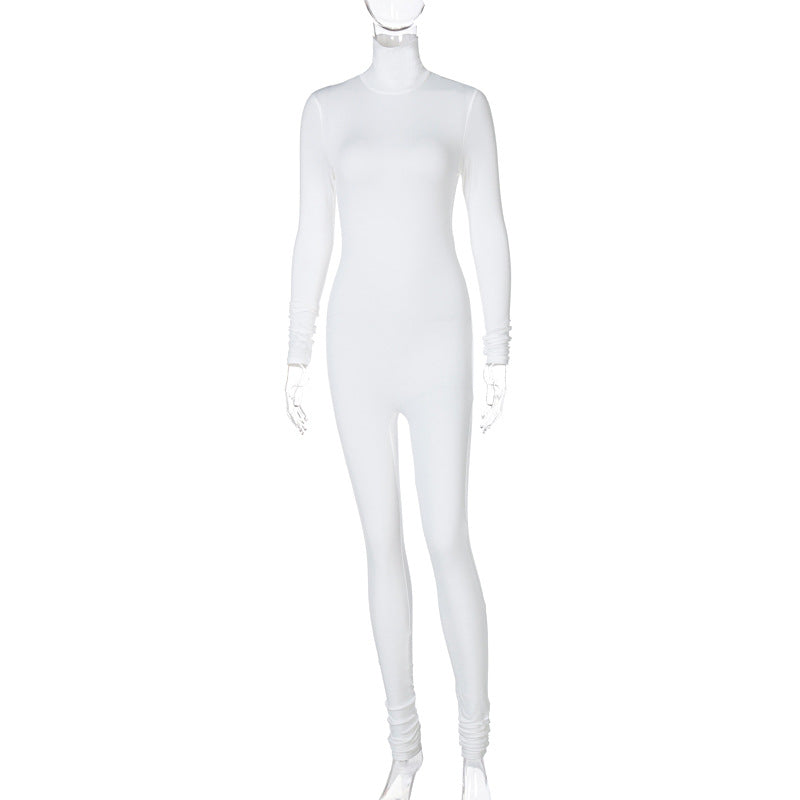 A jumpsuit made from compression fabric, designed for a snug and supportive fit, often worn for athletic or active purposes.