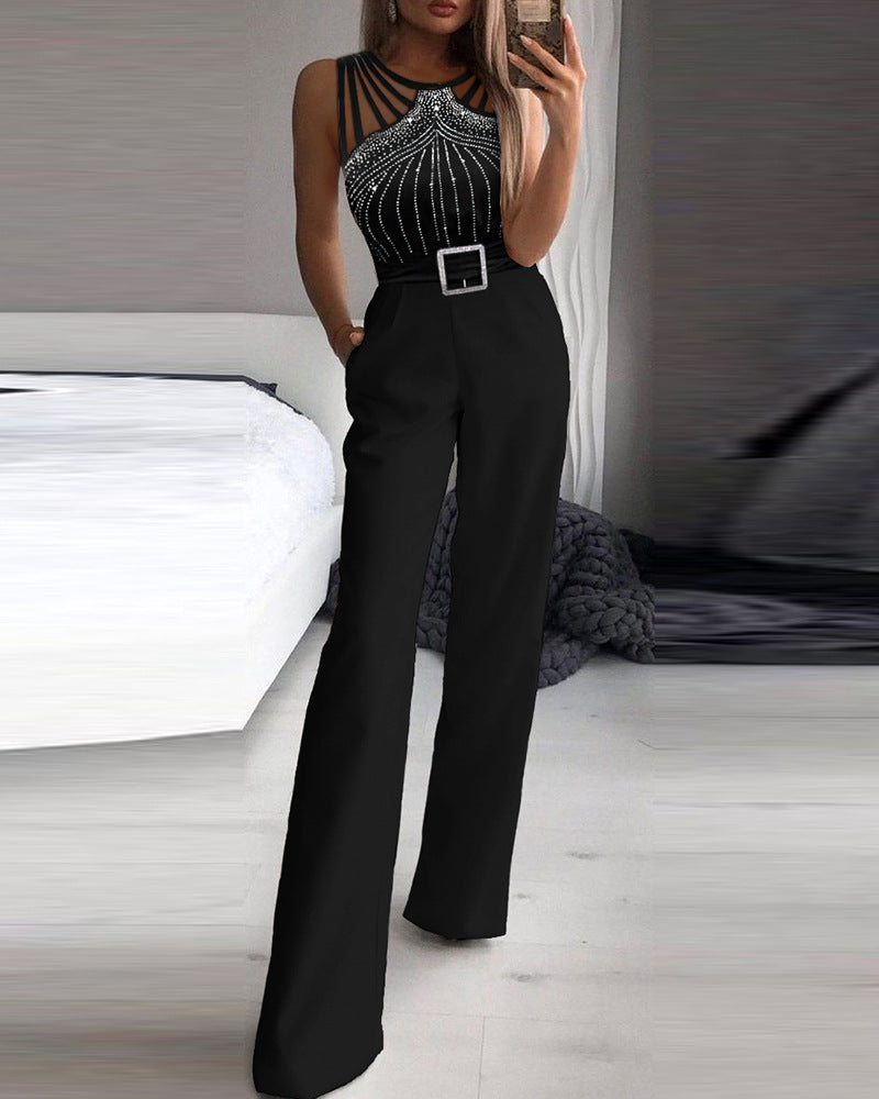 A sexy studded jumpsuit, designed to be alluring and stylish with decorative studs or embellishments for added flair.