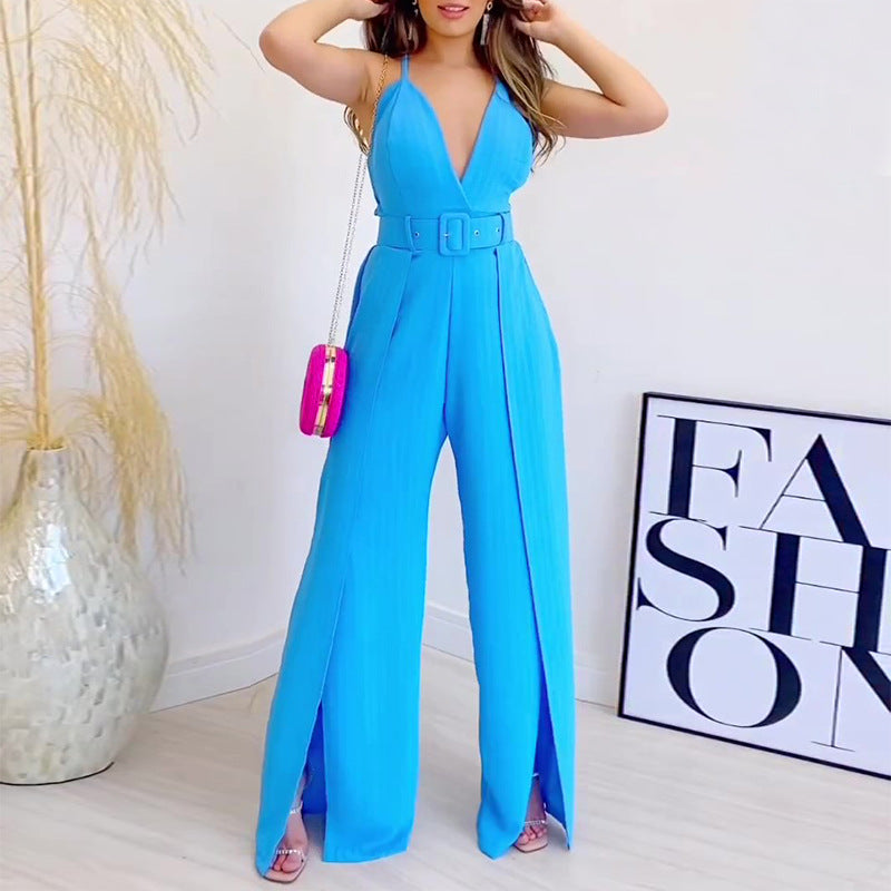 An elegant V-neck jumpsuit, designed to provide a sophisticated and stylish look with its V-shaped neckline and one-piece design.