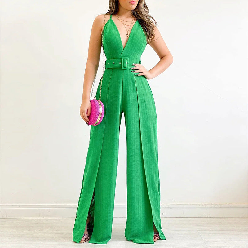 An elegant V-neck jumpsuit, designed to provide a sophisticated and stylish look with its V-shaped neckline and one-piece design.