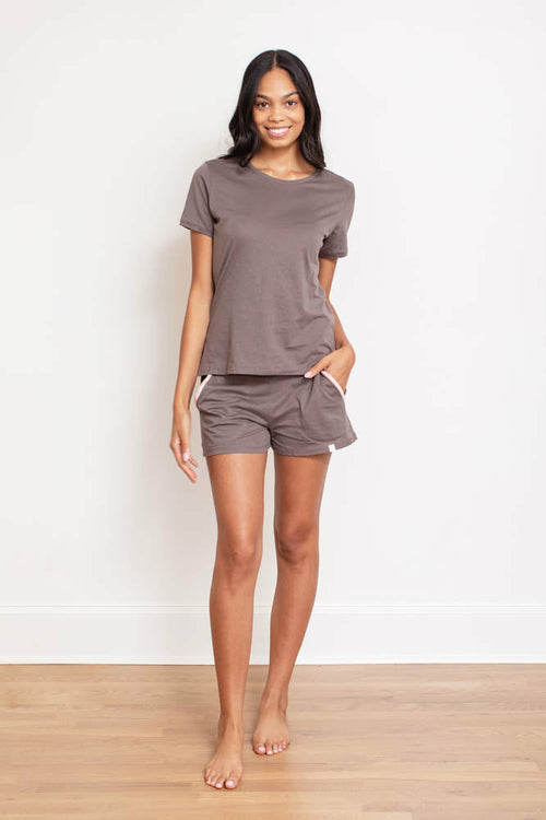 Tee & Short Set' displaying a coordinated ensemble with a casual tee paired with matching shorts, ideal for relaxed and comfortable lounging or outings.