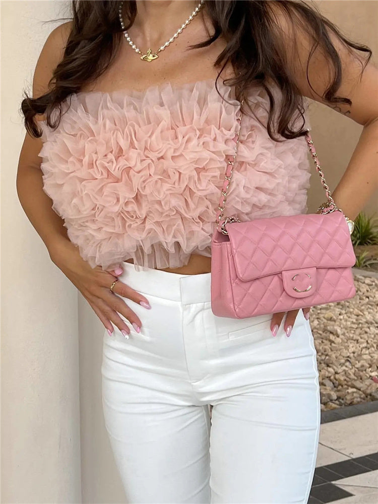 Pink Strapless Tops' - Tops in the color pink featuring a strapless design, offering a chic and shoulder-baring style.