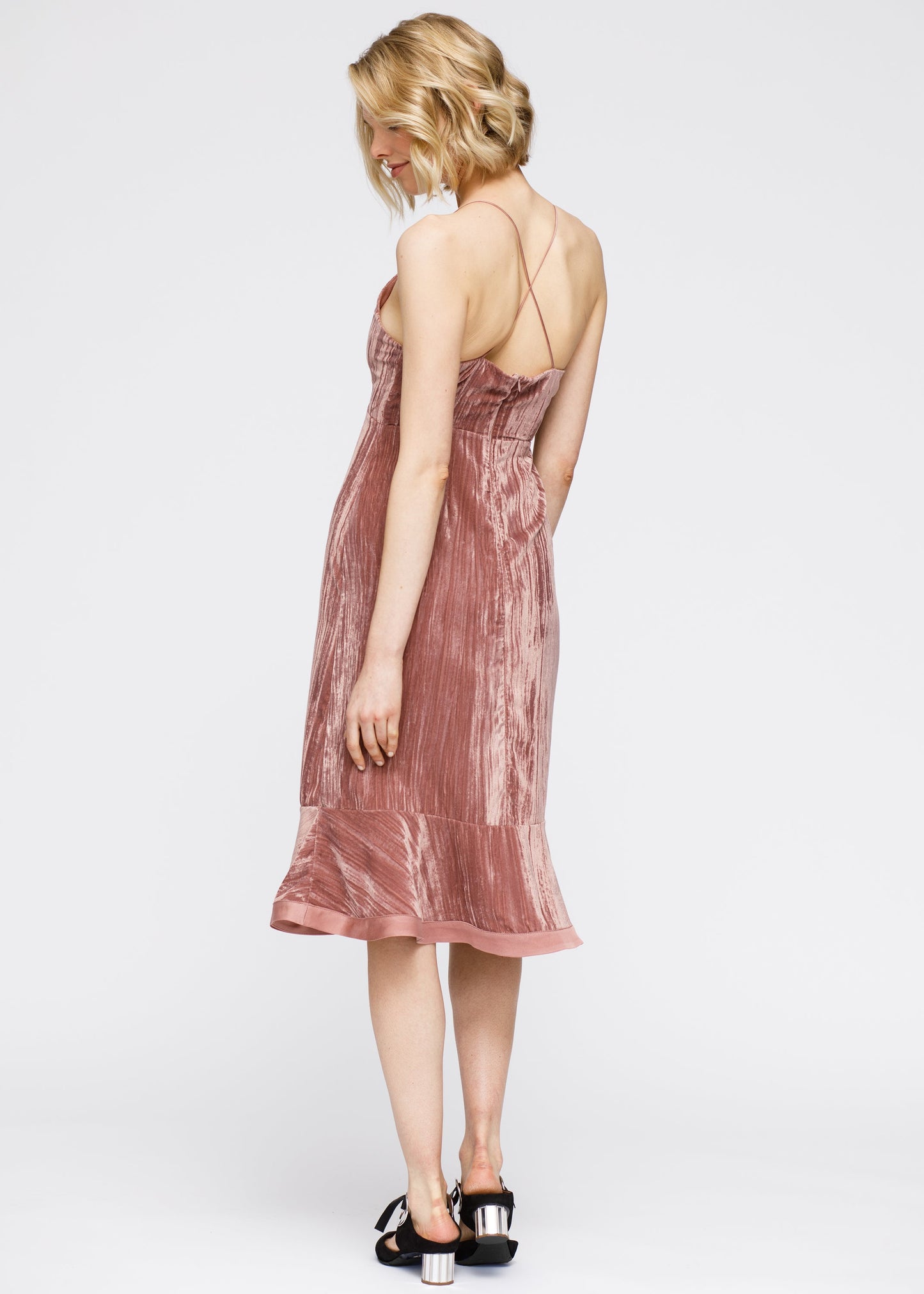Strap Ruffle Hem Midi Dress' - A midi dress featuring straps and a ruffled hem, creating a stylish and feminine look.