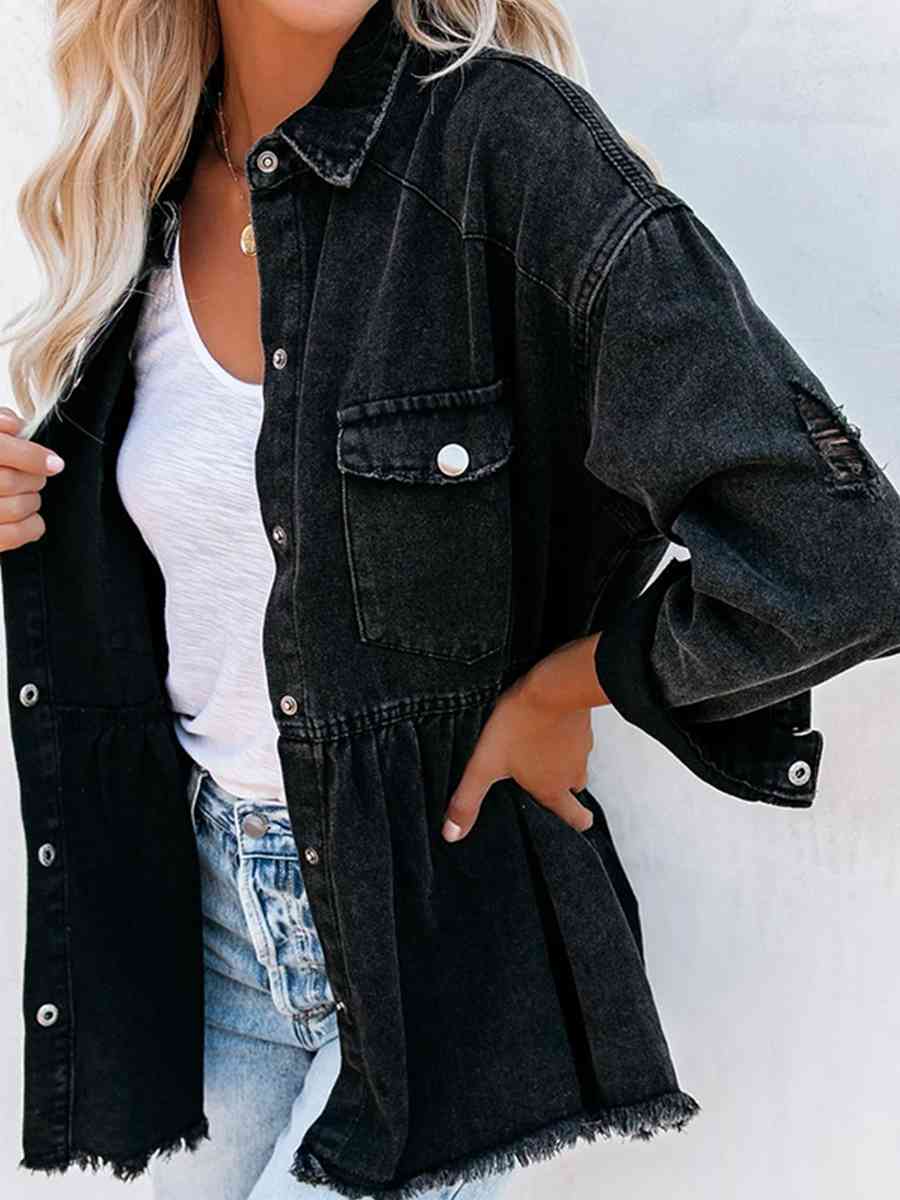 A distressed denim shacket, blending the style of a shirt and the functionality of a jacket, featuring a weathered look for a trendy and casual appearance.