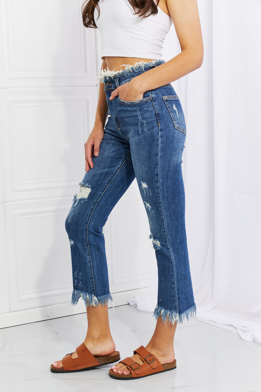 Chic Straight Leg Jeans' highlighting a pair of jeans with a stylish straight leg cut, perfect for a fashionable and versatile wardrobe staple.