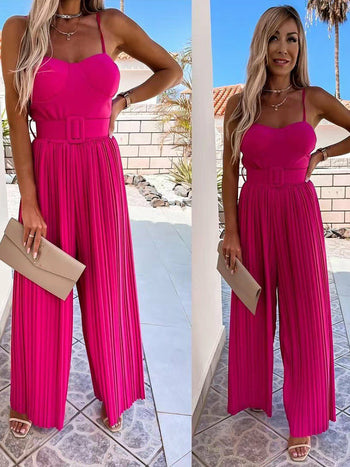 Solid Pleated Jumpsuit: A one-piece outfit in a single color with pleats, offering a chic and fashionable ensemble.